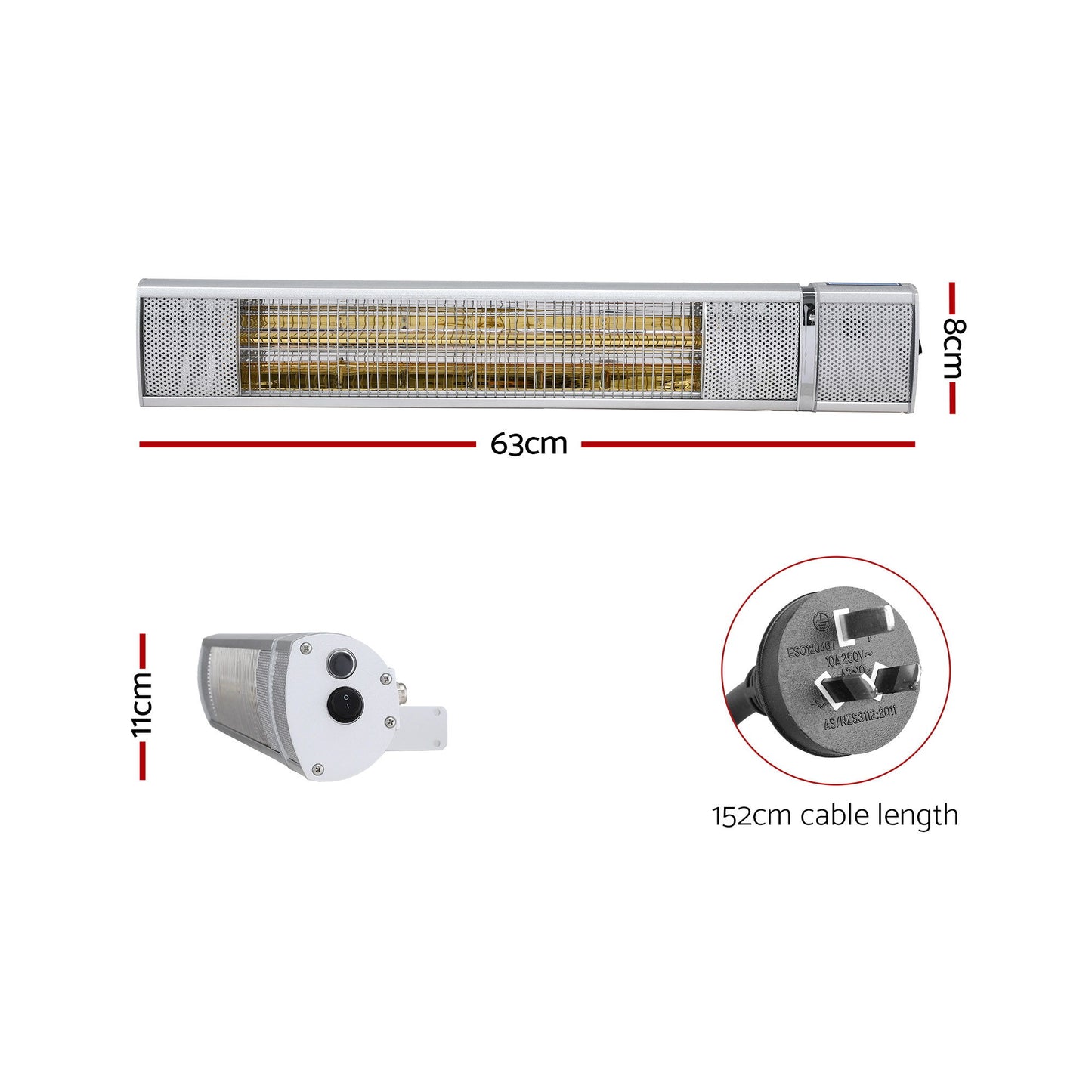 Devanti Electric Strip Heater Infrared Radiant Heaters 2000W RHP-TWR-2000-AL