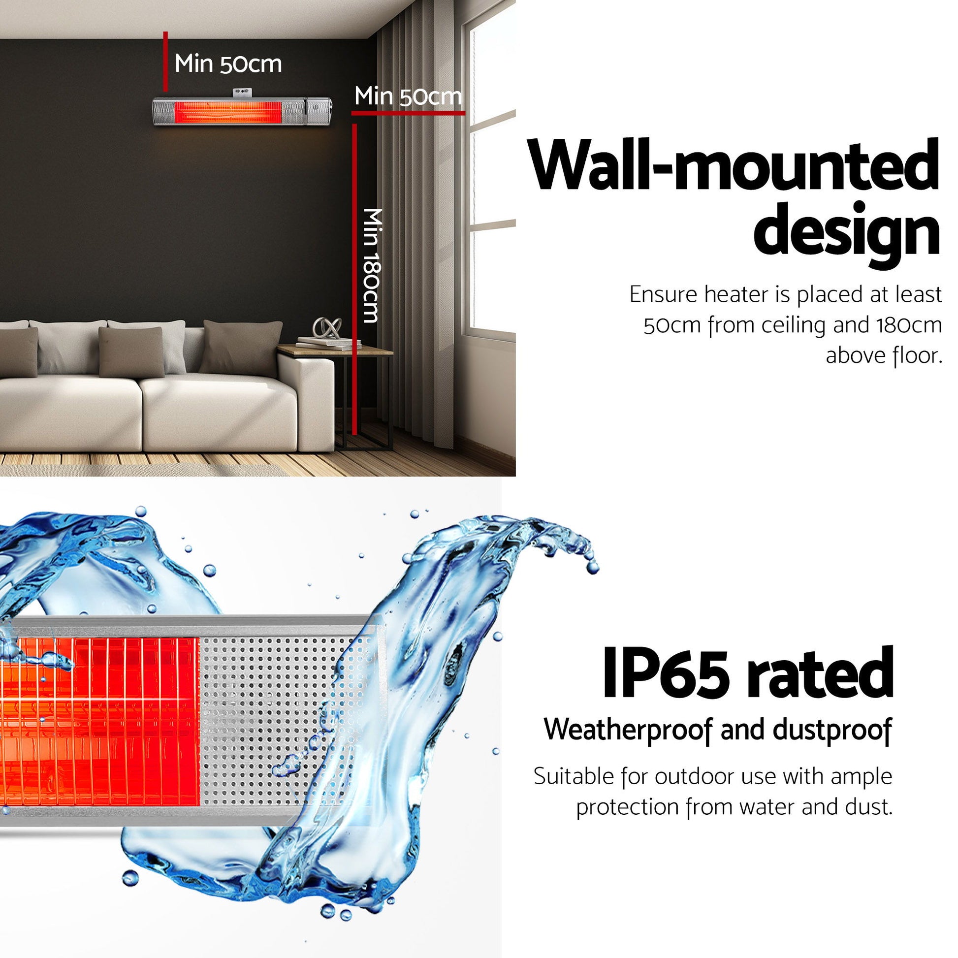 Devanti Electric Strip Heater Infrared Radiant Heaters 2000W RHP-TWR-2000-AL