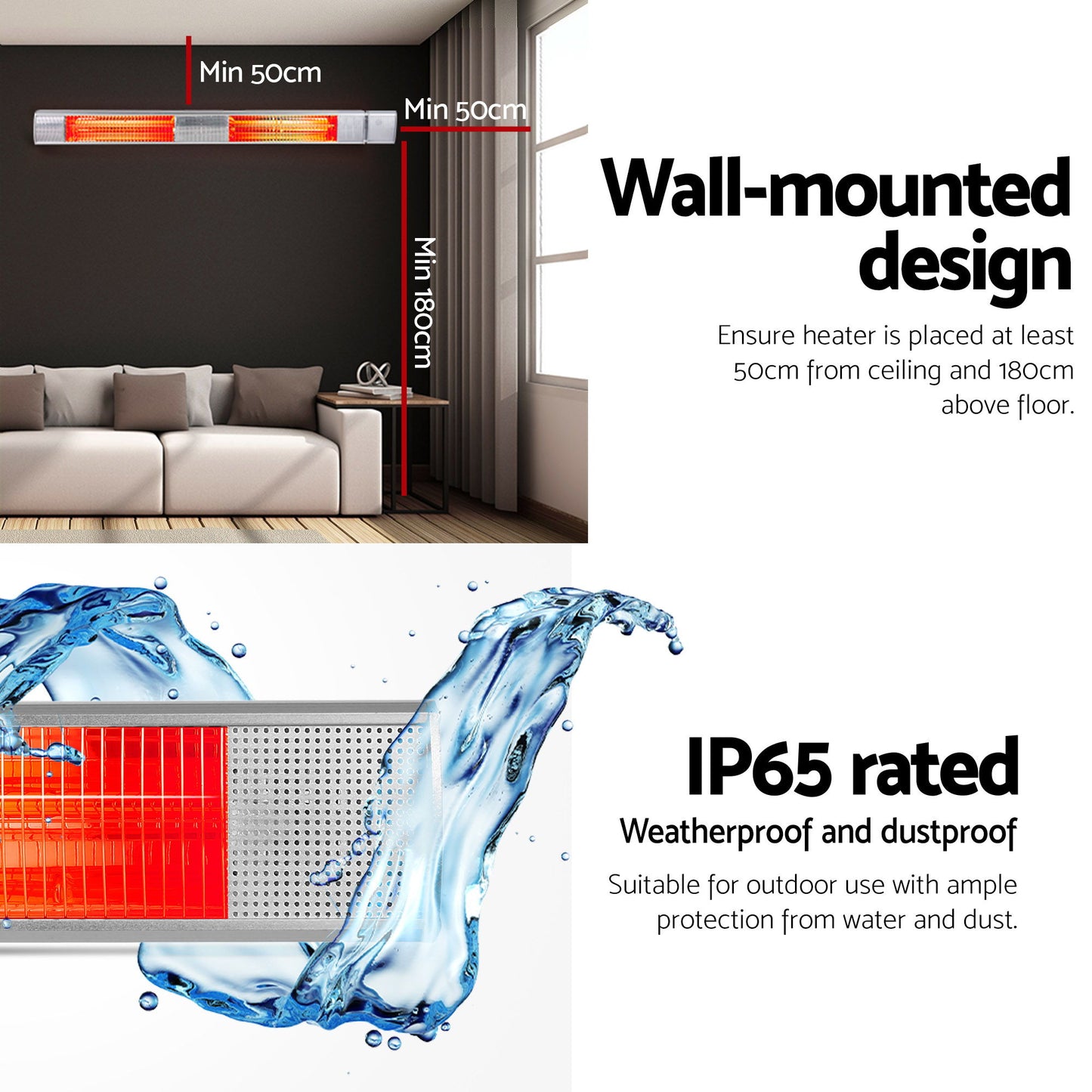 Devanti Electric Strip Heater Infrared Radiant Heaters 3000W RHP-TWR-3000-AL