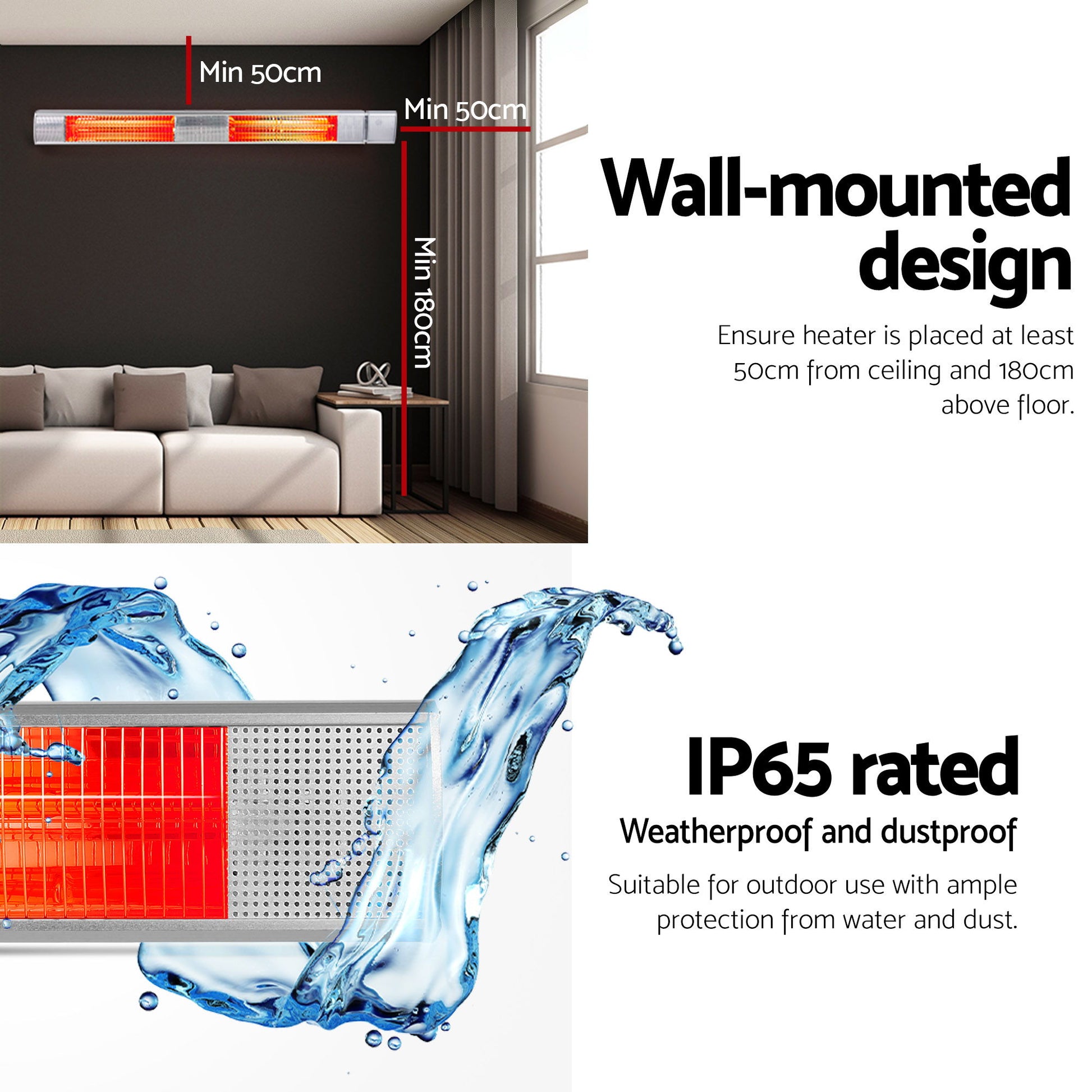 Devanti Electric Strip Heater Infrared Radiant Heaters 3000W RHP-TWR-3000-AL