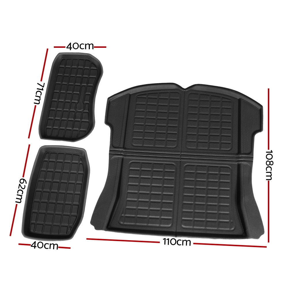 3PCS Car Rear Front Cargo Trunk Toolbox Luggage Rubber Mats for Tesla Model 3 2021-2022 RUBBER-MAT-TESLA-MODEL3-RFT