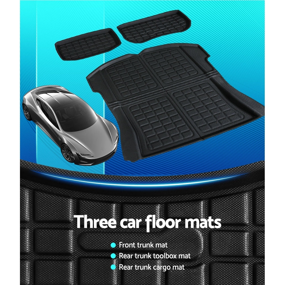 3PCS Car Rear Front Cargo Trunk Toolbox Luggage Rubber Mats for Tesla Model 3 2021-2022 RUBBER-MAT-TESLA-MODEL3-RFT