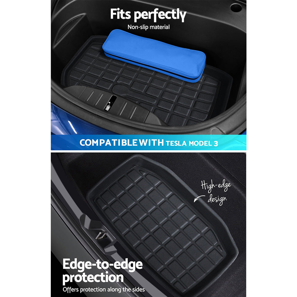 3PCS Car Rear Front Cargo Trunk Toolbox Luggage Rubber Mats for Tesla Model 3 2021-2022 RUBBER-MAT-TESLA-MODEL3-RFT