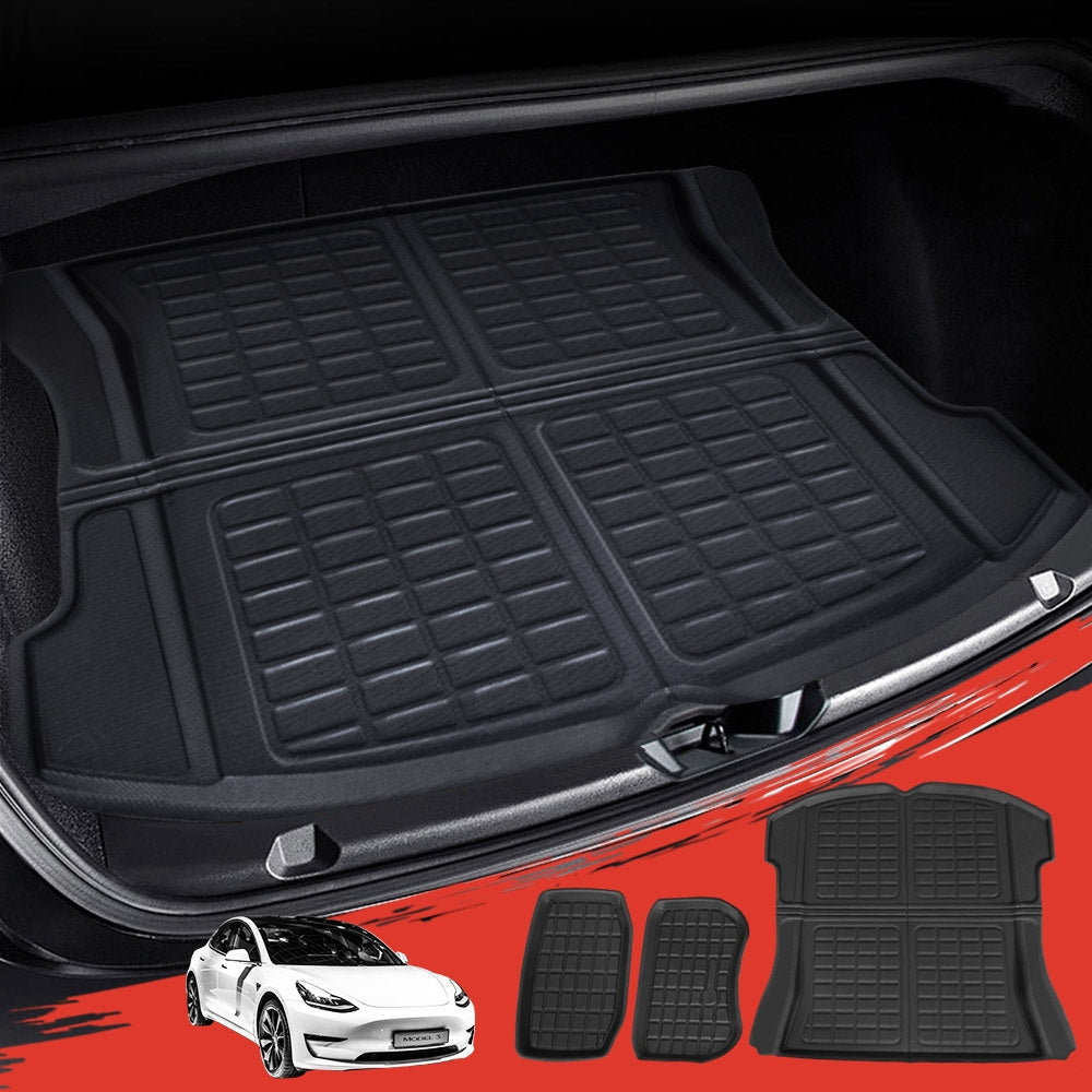 3PCS Car Rear Front Cargo Trunk Toolbox Luggage Rubber Mats for Tesla Model 3 2021-2022 RUBBER-MAT-TESLA-MODEL3-RFT