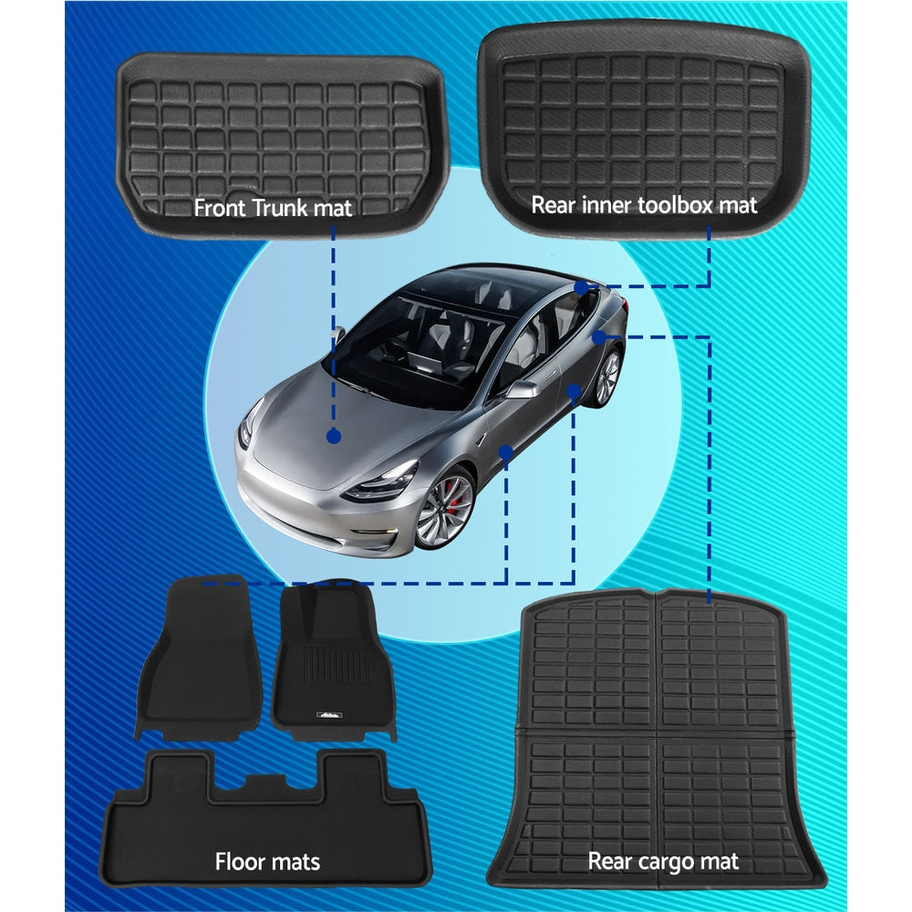 Weisshorn Car Rubber Floor Trunk Toolbox Cargo Mats for Tesla Model Y 2021-2023 RUBBER-MAT-TESLA-MODELY-RFT-SET