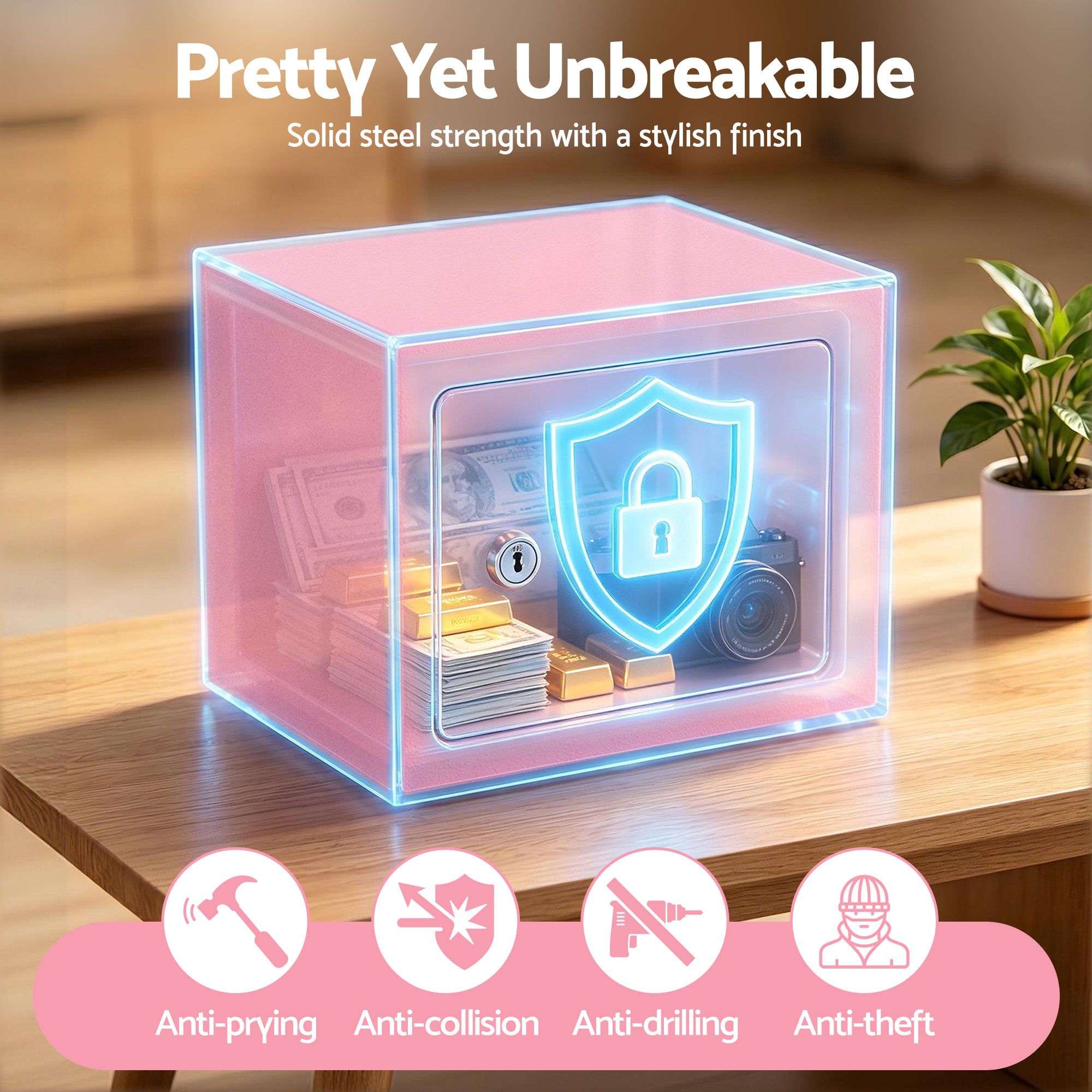 UL-Tech 6.5L Small Safe Box with Key Lock for Cash Mini Home Security Safe Pink SAF-6L-MTL-PK