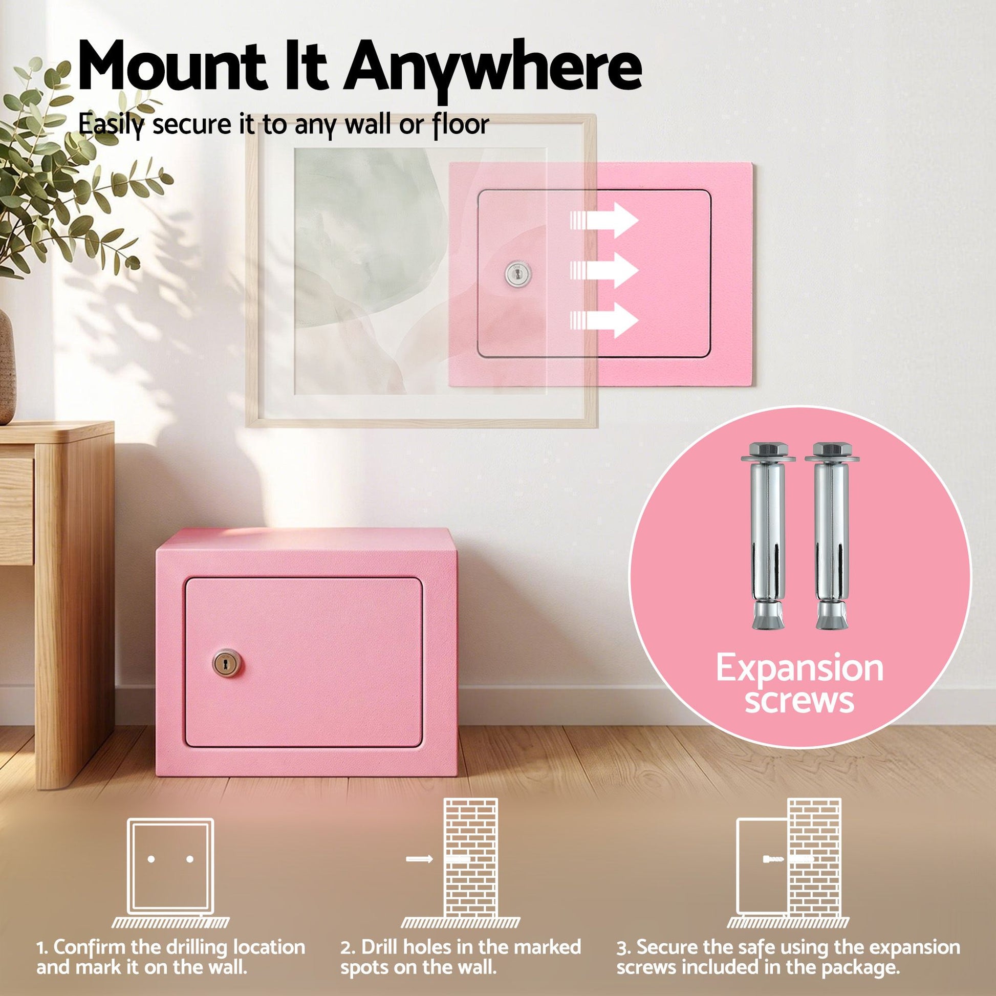 UL-Tech 6.5L Small Safe Box with Key Lock for Cash Mini Home Security Safe Pink SAF-6L-MTL-PK