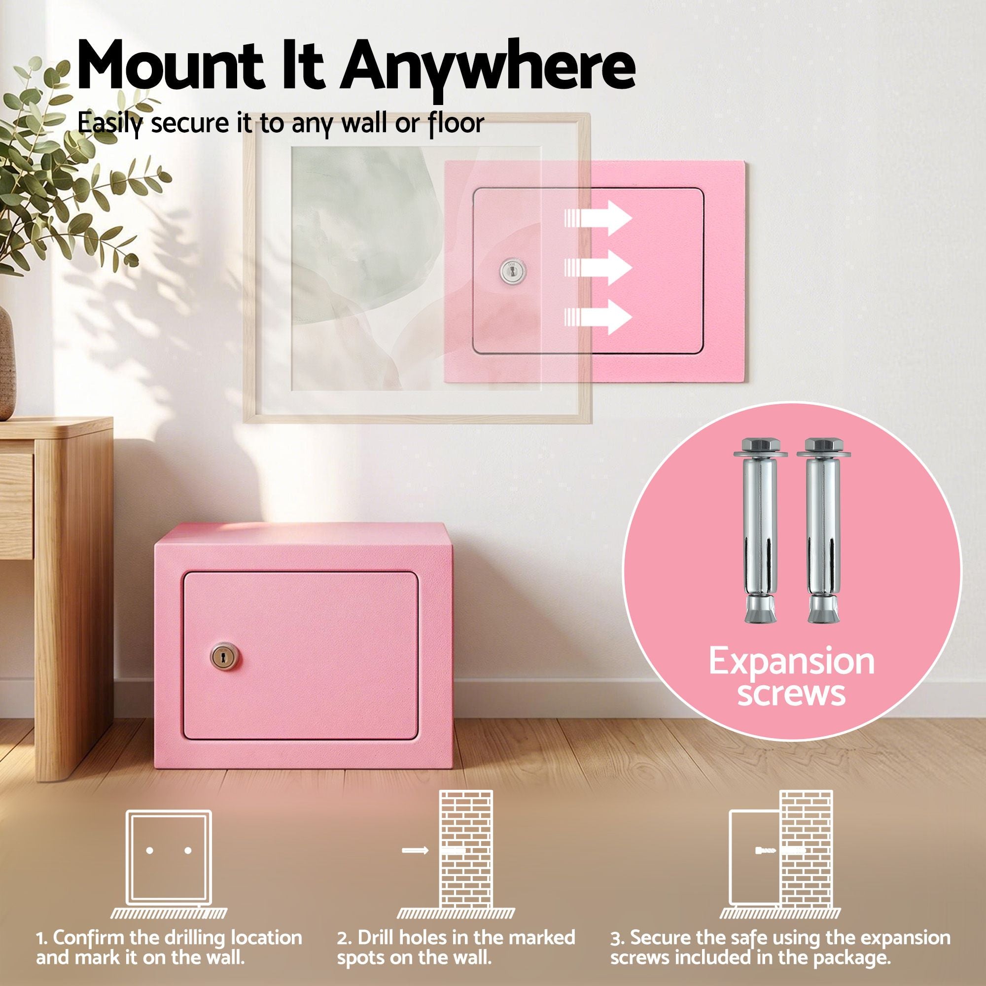 UL-Tech 6.5L Small Safe Box with Key Lock for Cash Mini Home Security Safe Pink SAF-6L-MTL-PK