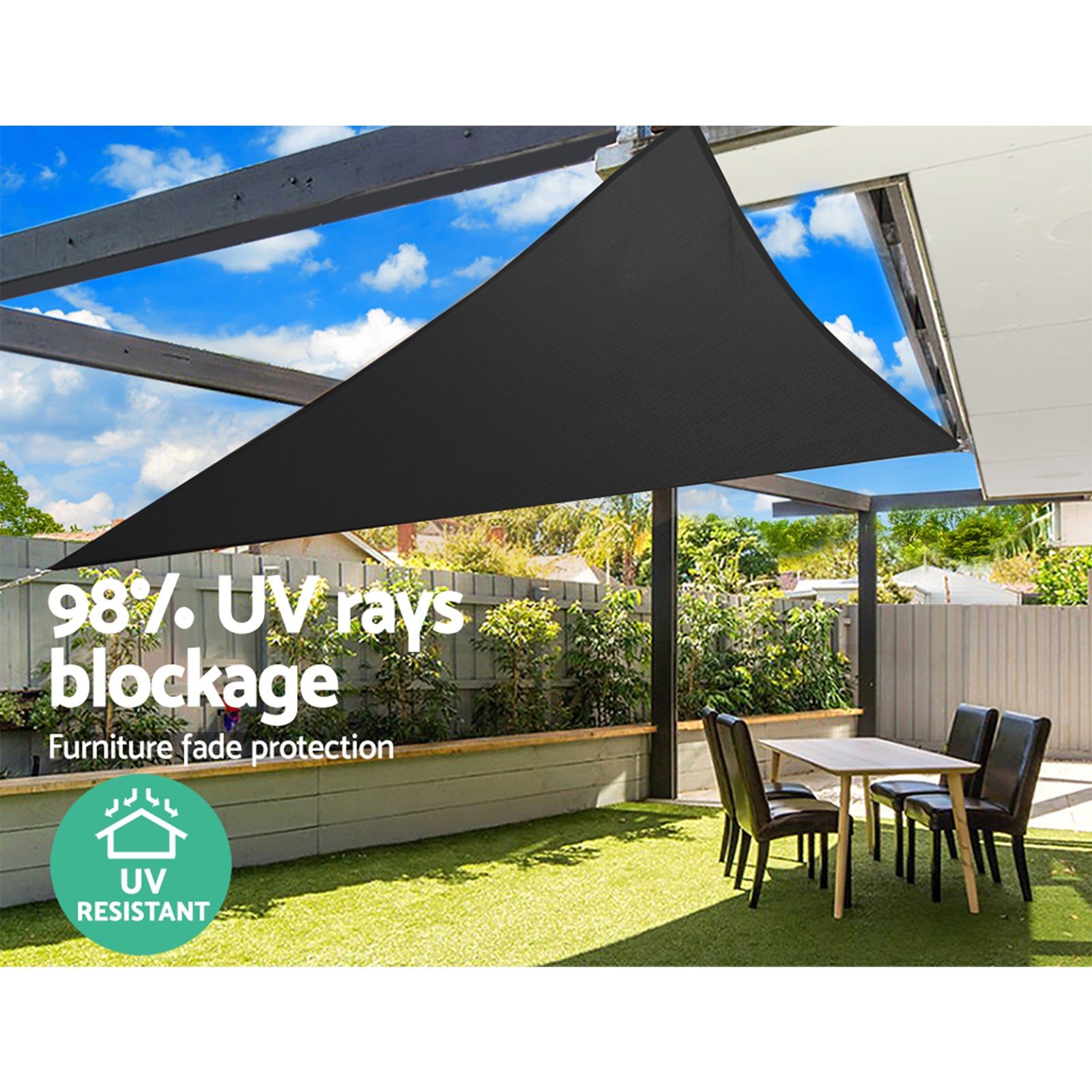 Instahut Shade Sail 5x5x5m Triangle 280GSM 98% Black Shade Cloth SAIL-DL-H-5X5X5-C-BK