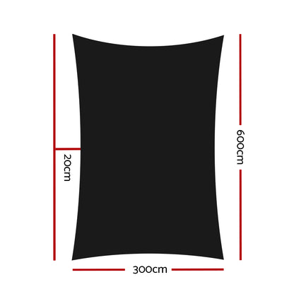 Instahut Shade Sail 3x6m Rectangle 280GSM 98% Black Shade Cloth SAIL-H-3X6-C-BK