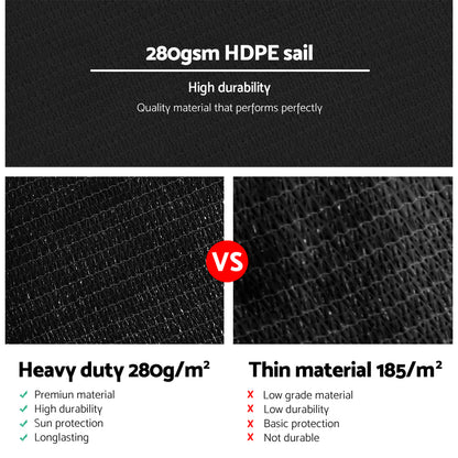 Instahut Shade Sail 3x6m Rectangle 280GSM 98% Black Shade Cloth SAIL-H-3X6-C-BK