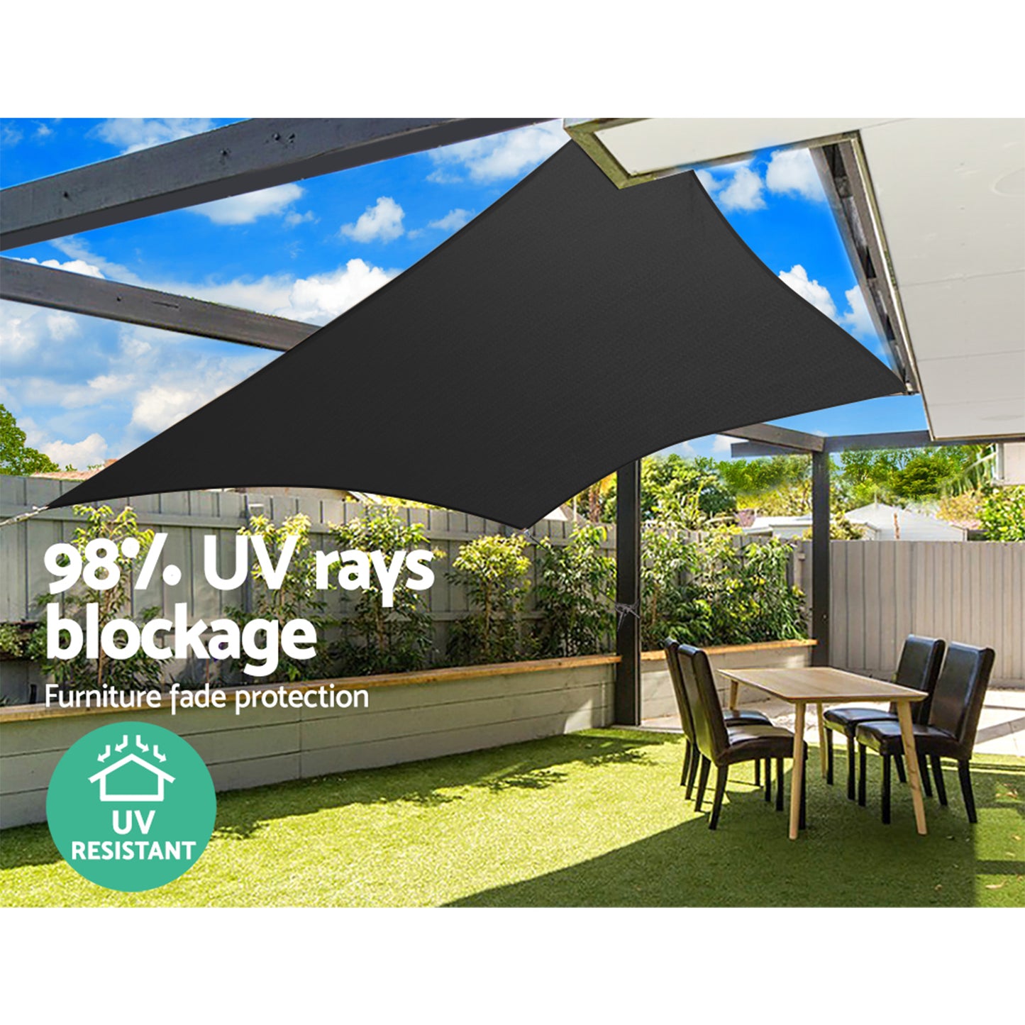 Instahut Shade Sail 3x6m Rectangle 280GSM 98% Black Shade Cloth SAIL-H-3X6-C-BK