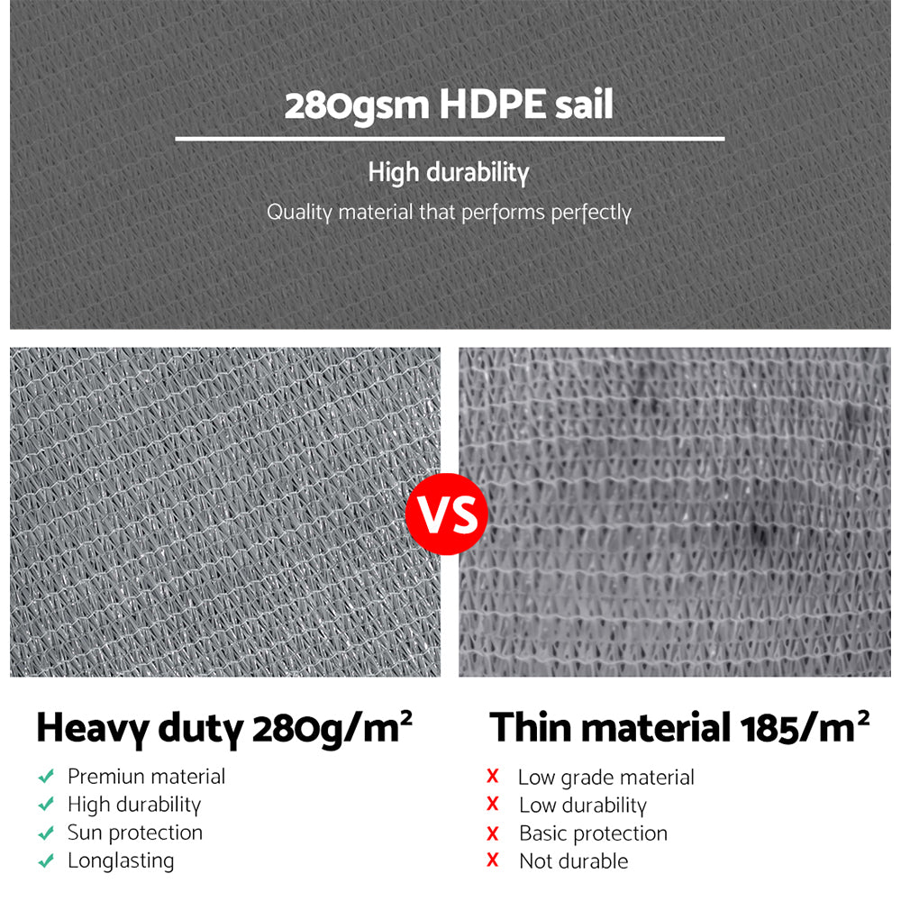 Instahut Shade Sail 4x6m Rectangle 280GSM 98% Grey Shade Cloth SAIL-H-4X6-C-GR