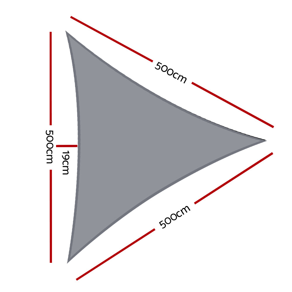 Instahut Shade Sail 5x5x5m Triangle 280GSM 98% Grey Shade Cloth SAIL-H-5X5X5-C-GR