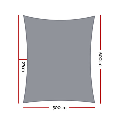 Instahut Shade Sail 5x6m Rectangle 280GSM 98% Grey Shade Cloth SAIL-H-5X6-C-GR