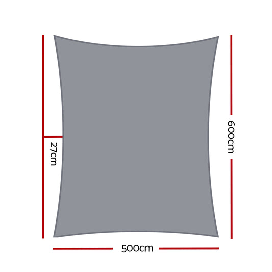 Instahut Shade Sail 5x6m Rectangle 280GSM 98% Grey Shade Cloth SAIL-H-5X6-C-GR