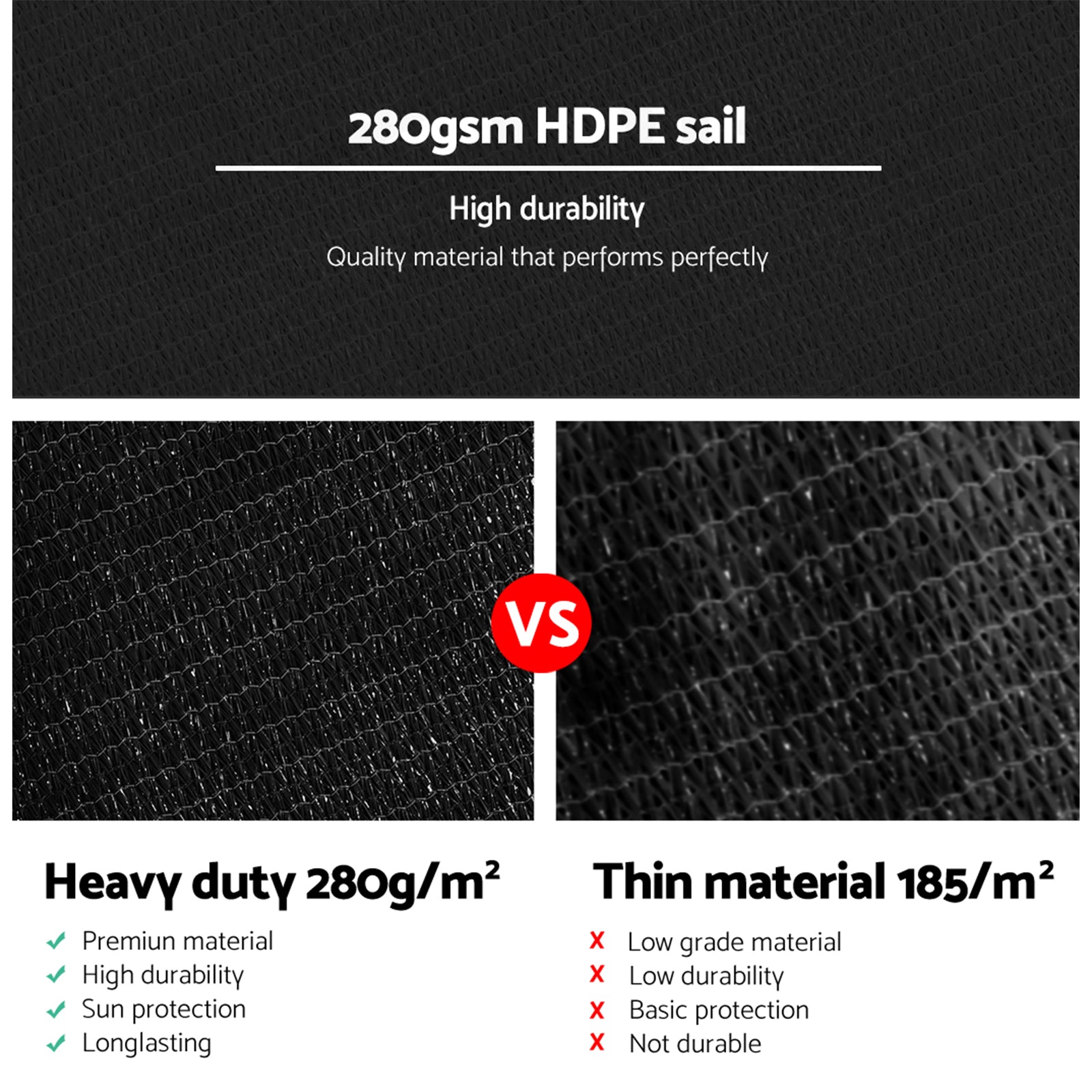 Instahut Shade Sail 5x7m Rectangle 280GSM 98% Black Shade Cloth SAIL-H-5X7-C-BK