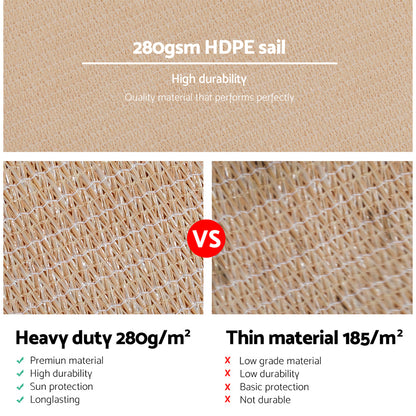 Instahut Shade Sail 5x7m Rectangle 280GSM 98% Sand Shade Cloth SAIL-H-5X7-C-SA