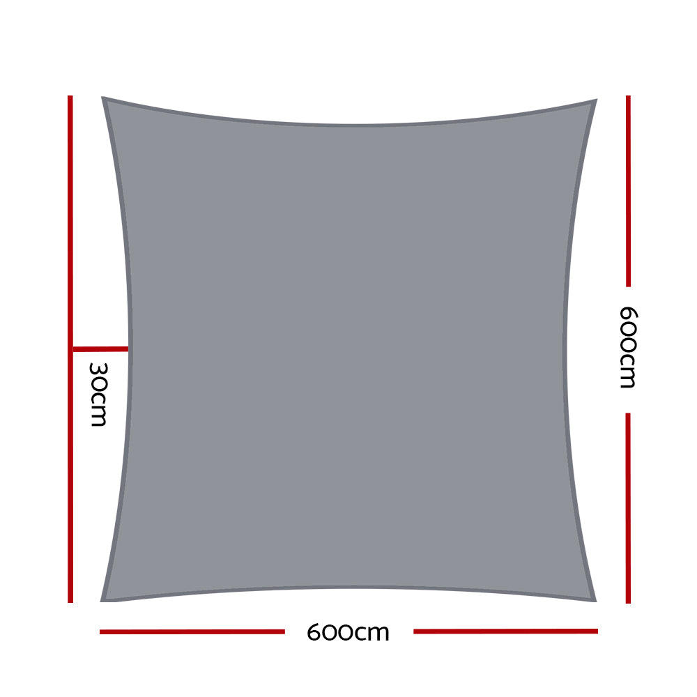 Instahut Shade Sail 6x6m Rectangle 280GSM 98% Grey Shade Cloth SAIL-H-6X6-C-GR