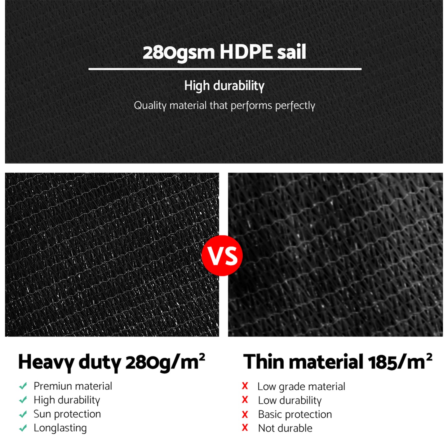 Instahut Shade Sail 6x7m Rectangle 280GSM 98% Black Shade Cloth SAIL-H-6X7-C-BK