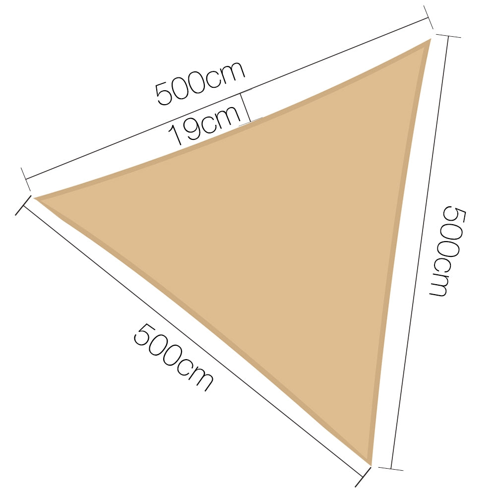 Instahut Shade Sail 5x5x5m Triangle 185GSM 95% Sand Shade Cloth SAIL-L-5X5X5-C-SA