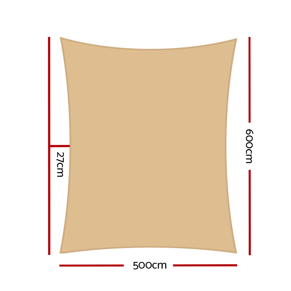Instahut Shade Sail 5x6m Rectangle 185GSM 95% Sand Shade Cloth SAIL-L-5X6-C-SA