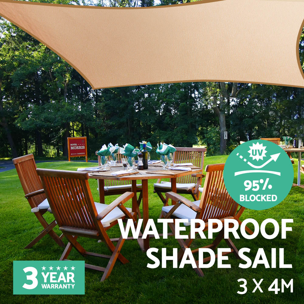 Instahut Waterproof Shade Sail 3x4m Rectangle Sand 95% Shade Cloth SAIL-WP-3X4-A-SAND