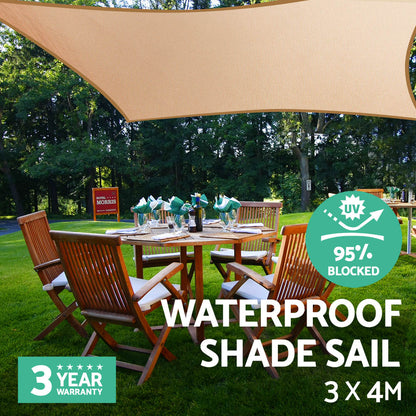 Instahut Waterproof Shade Sail 3x4m Rectangle Sand 95% Shade Cloth SAIL-WP-3X4-A-SAND
