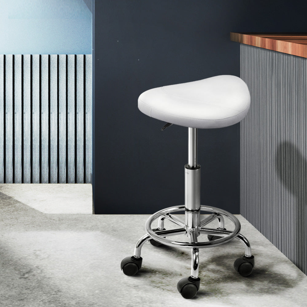 Artiss Salon Stool Saddle Swivel Chair White SALON-B-ERG-WH