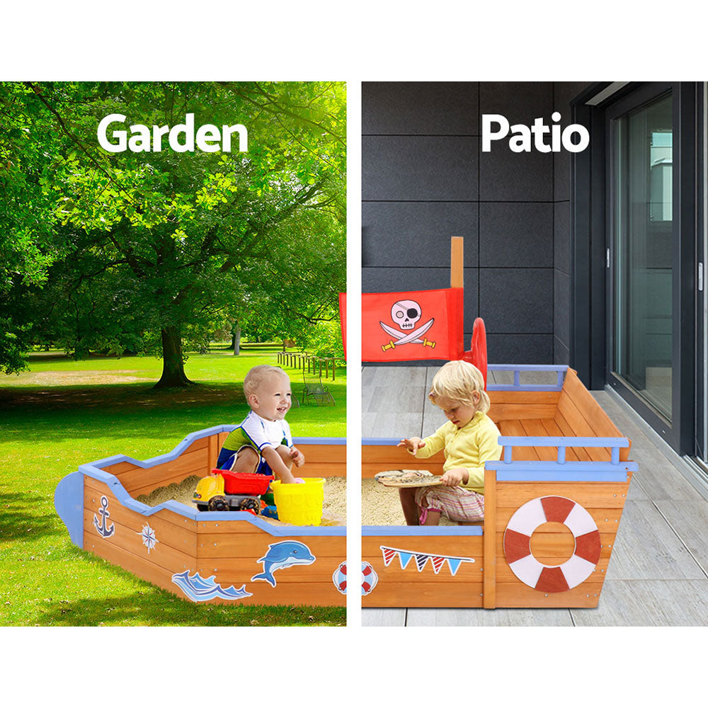 Keezi Kids Sandpit Wooden Boat Sand Pit Bench Seat Outdoor Beach Toys 165cm SAND-BOAT-160-WHEEL