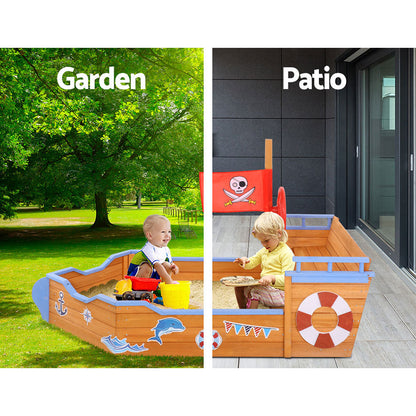 Keezi Kids Sandpit Wooden Boat Sand Pit Bench Seat Outdoor Beach Toys 165cm SAND-BOAT-160-WHEEL