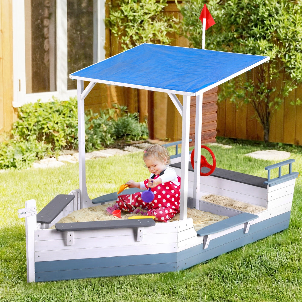 Keezi Kids Sandpit Wooden Box Boat Canopy Flag Outdoor Toys Children Blue SAND-BOAT-210-CANOPY-WH