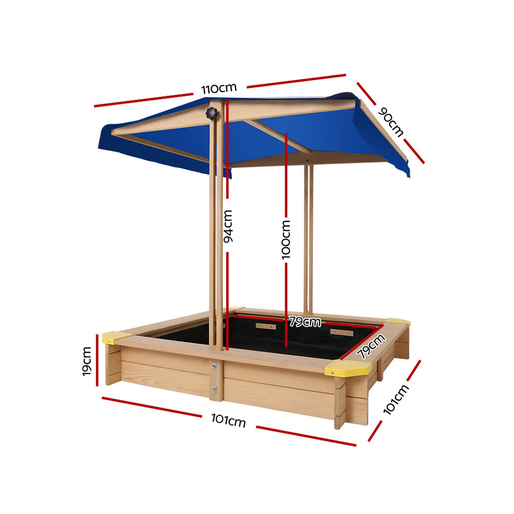 Keezi Kids Sandpit Wooden Sandbox Sand Pit with Canopy Bench Seat Toys 101cm SAND-CANOPY-110