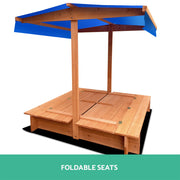 Keezi Kids Sandpit Wooden Sandbox Sand Pit with Canopy Foldable Seat Toys 120cm SAND-CANOPY-120