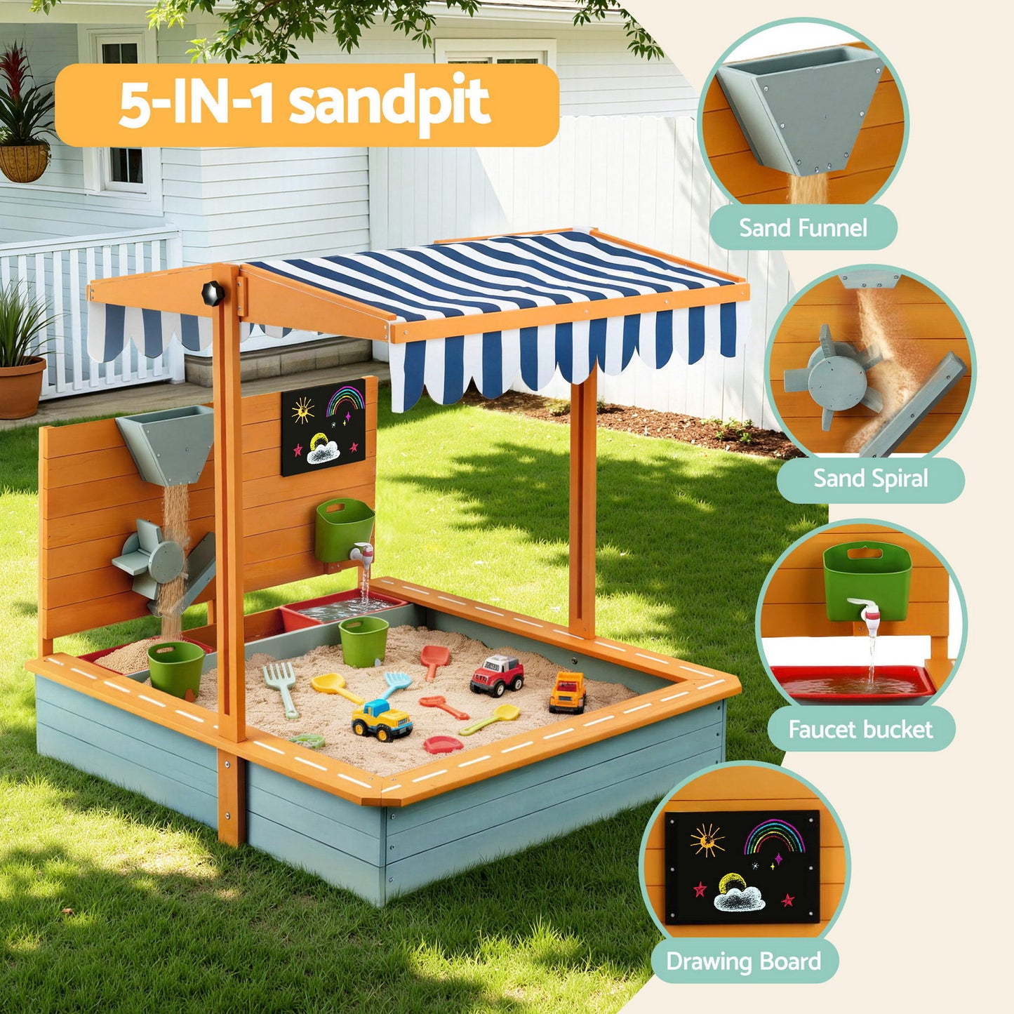Keezi Kids Sandpit Wooden Canopy Sandbox With Cover Funnel Outdoor Toys 110cm Green SAND-CANOPY-FUNNEL-110-GN