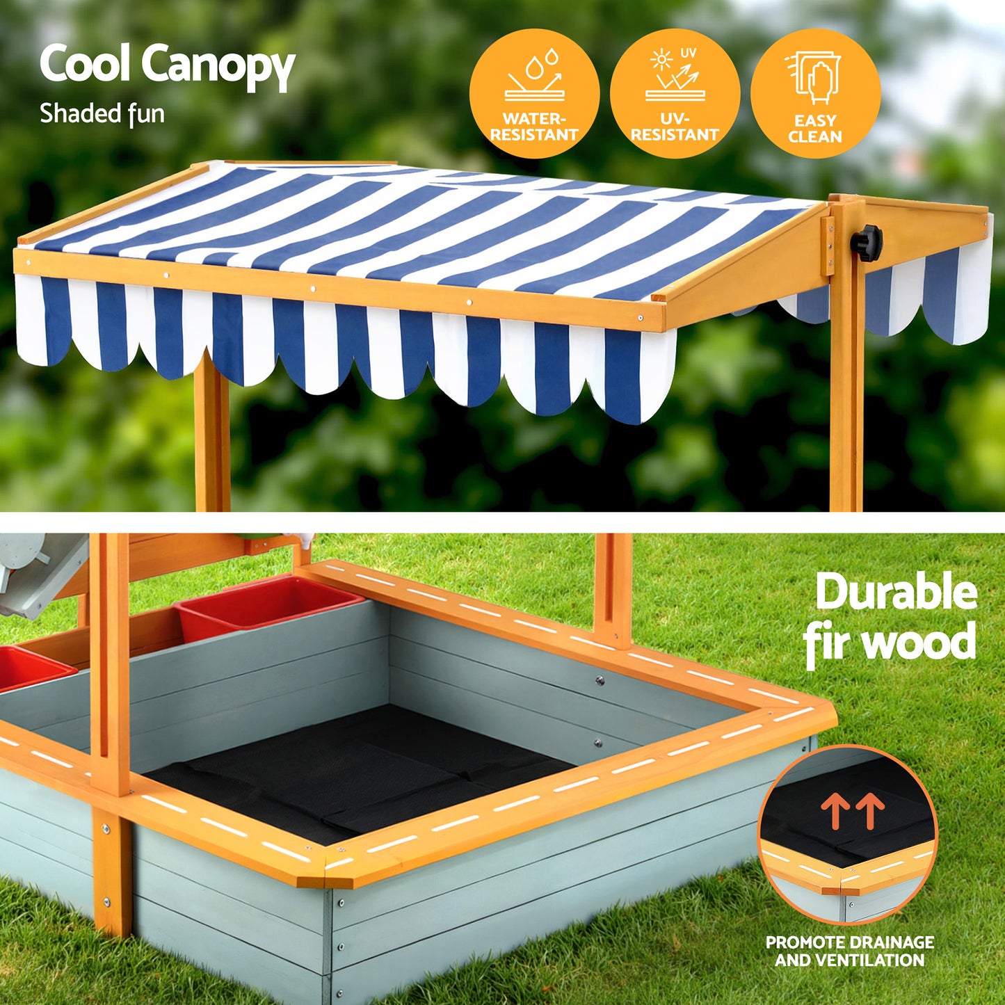 Keezi Kids Sandpit Wooden Canopy Sandbox With Cover Funnel Outdoor Toys 110cm Green SAND-CANOPY-FUNNEL-110-GN