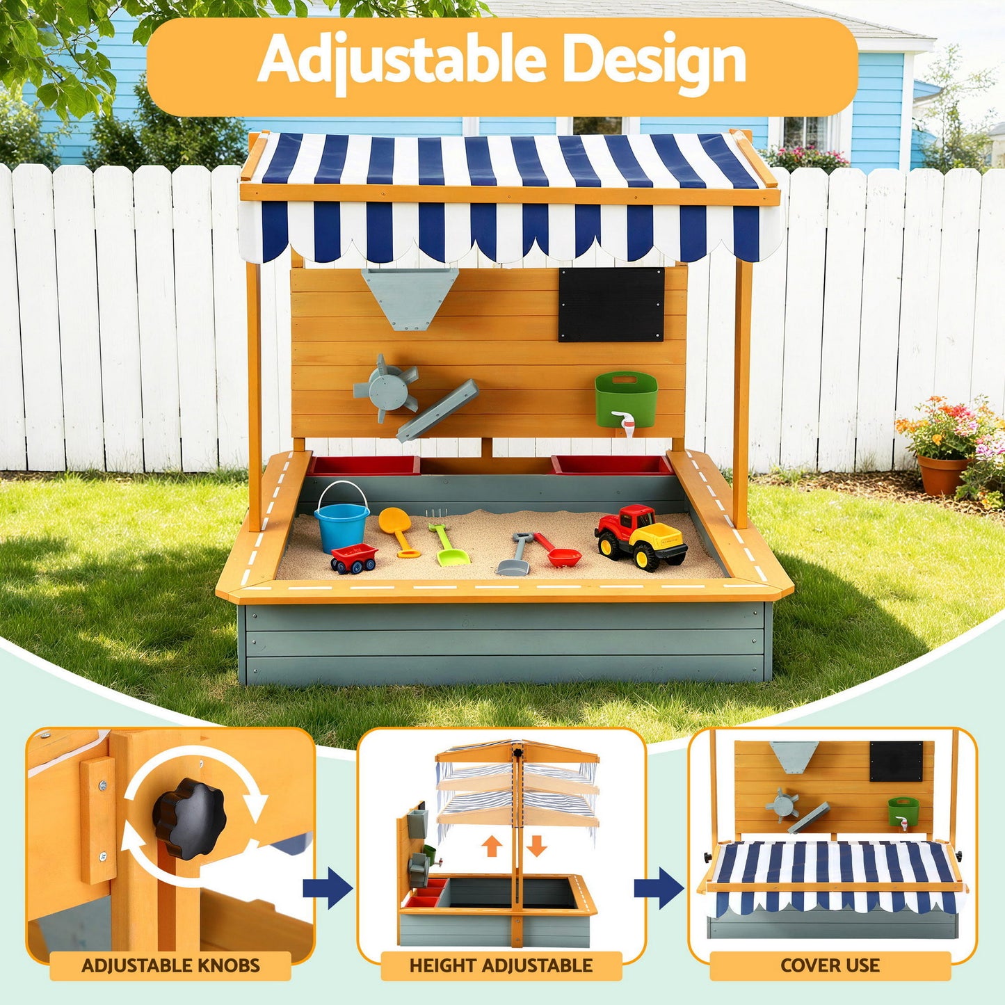 Keezi Kids Sandpit Wooden Canopy Sandbox With Cover Funnel Outdoor Toys 110cm Green SAND-CANOPY-FUNNEL-110-GN