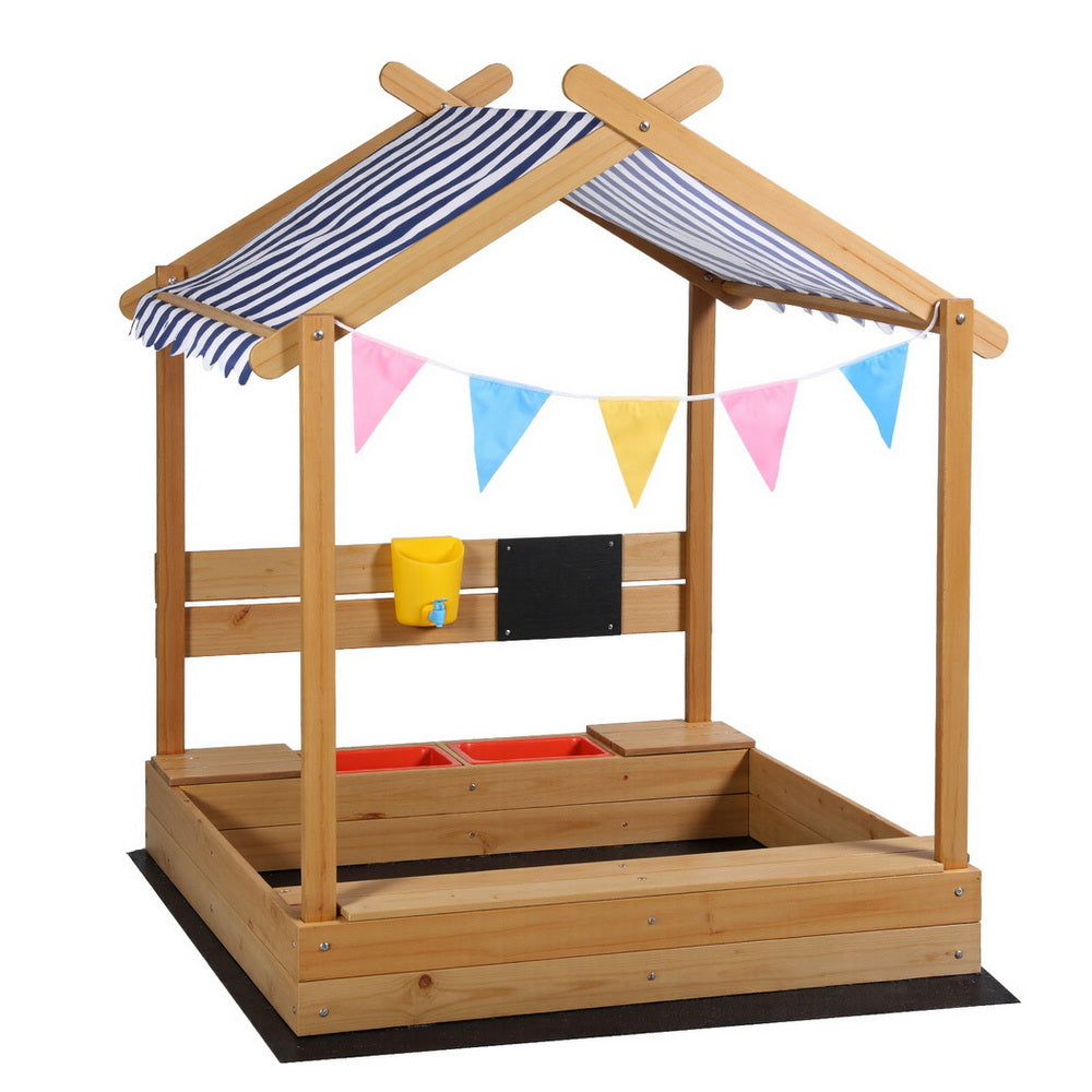 Keezi Kids Sandpit Wooden Sandbox Sand Pit with Canopy Water Basin Toys 146cm SAND-CANOPY-WATER-146