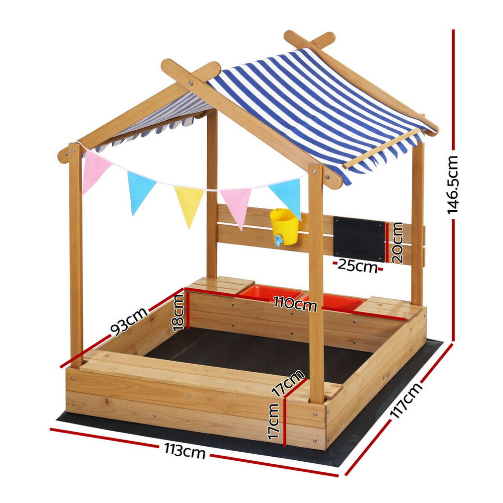 Keezi Kids Sandpit Wooden Sandbox Sand Pit with Canopy Water Basin Toys 146cm SAND-CANOPY-WATER-146