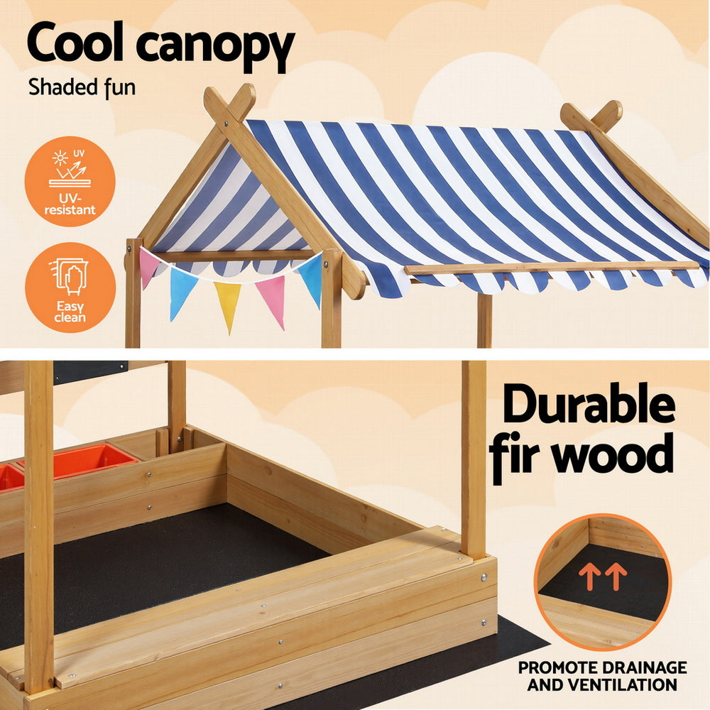Keezi Kids Sandpit Wooden Sandbox Sand Pit with Canopy Water Basin Toys 146cm SAND-CANOPY-WATER-146