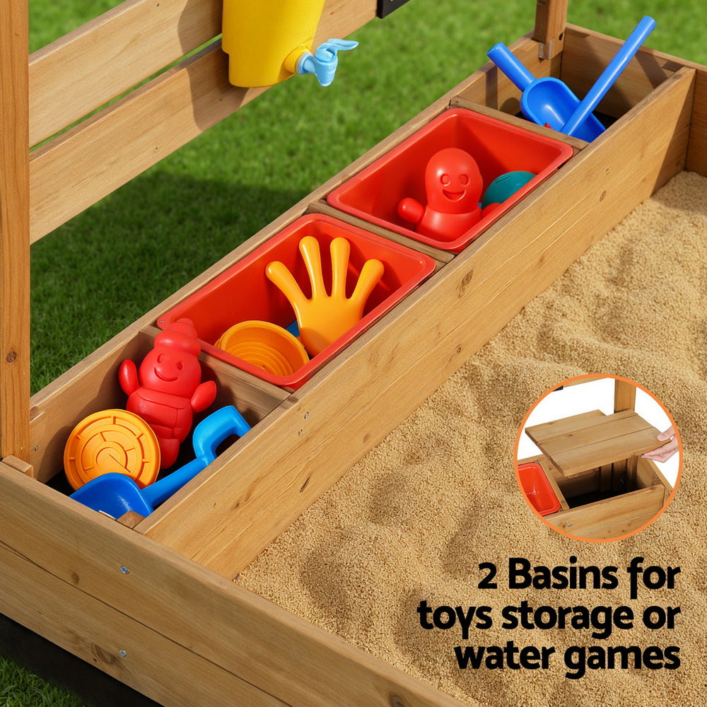 Keezi Kids Sandpit Wooden Sandbox Sand Pit with Canopy Water Basin Toys 146cm SAND-CANOPY-WATER-146