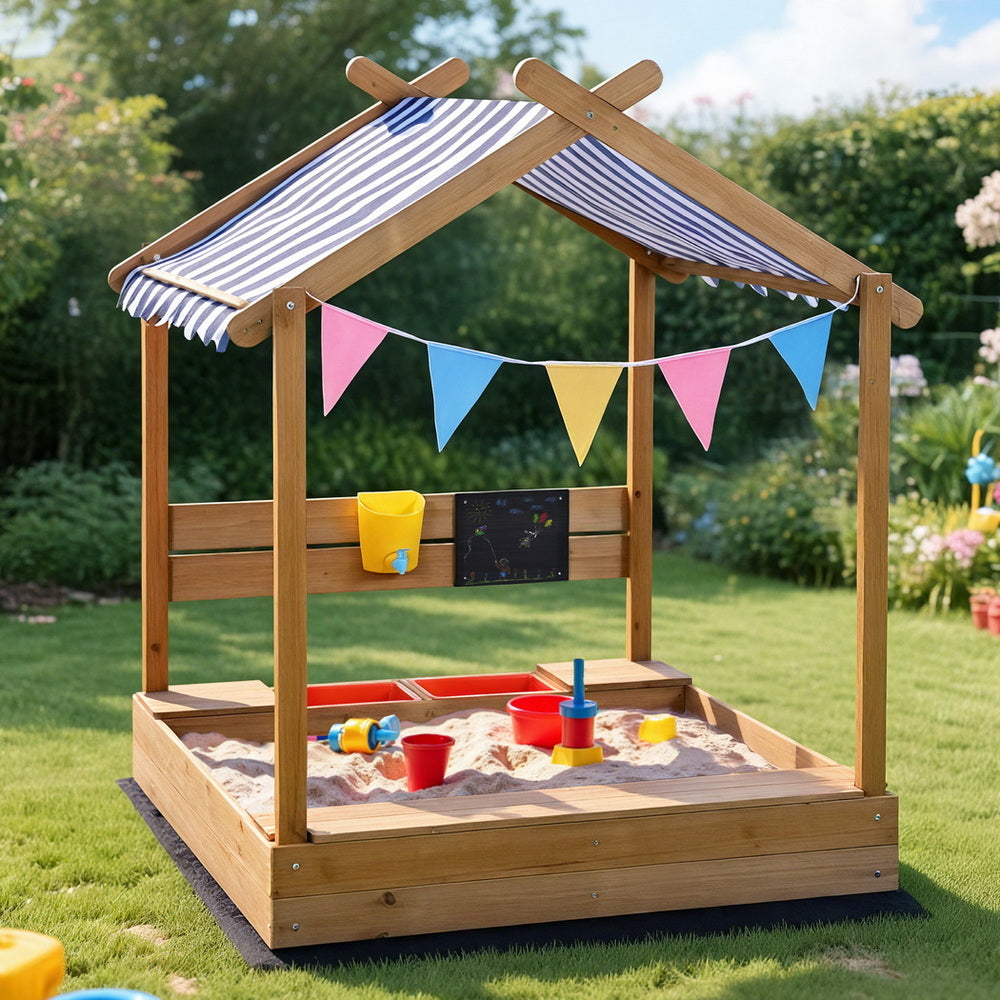 Keezi Kids Sandpit Wooden Sandbox Sand Pit with Canopy Water Basin Toys 146cm SAND-CANOPY-WATER-146