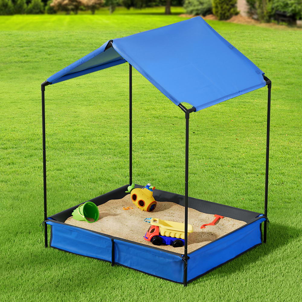 Keezi Kids Sandpit Metal Sandbox Sand Pit with Canopy Cover Outdoor Toys 120cm SAND-D-SQUARE-PLY-120-CANOPY-BU