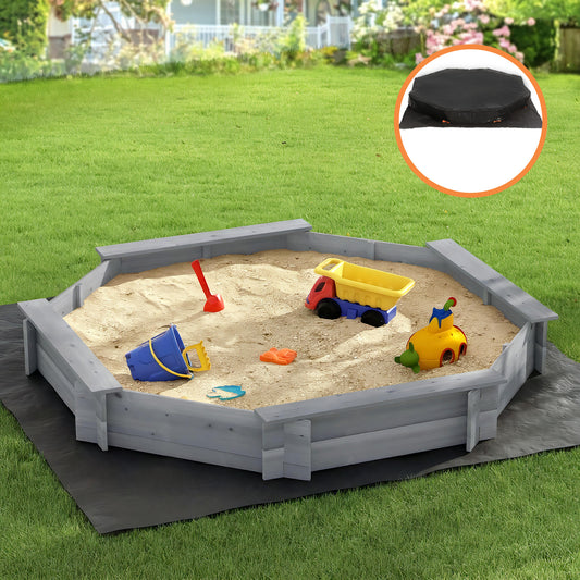 Keezi Kids Sandpit Wooden Round Sand Pit with Cover Bench Seat Beach Toys 182cm Grey SAND-OCTA-177-GR