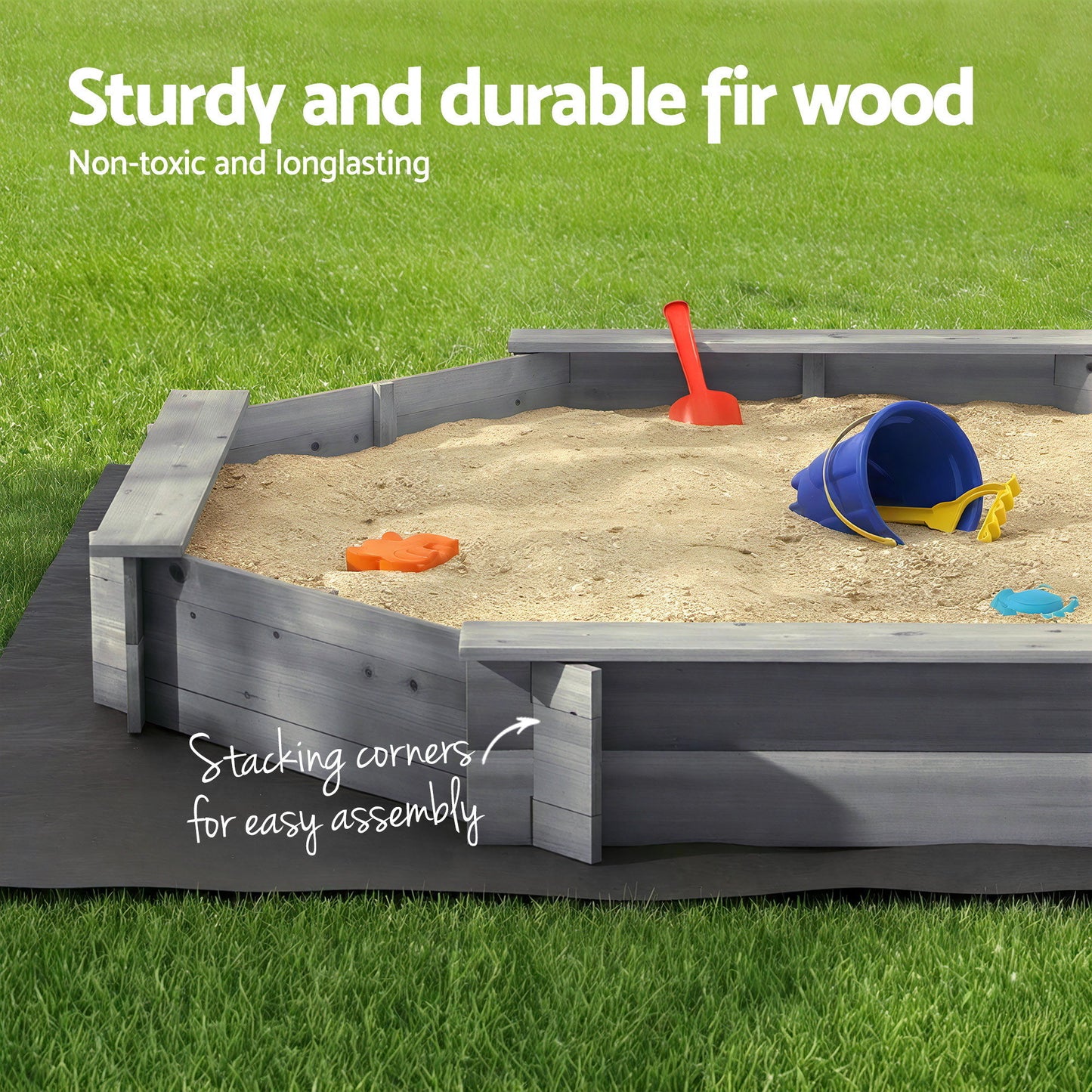 Keezi Kids Sandpit Wooden Round Sand Pit with Cover Bench Seat Beach Toys 182cm Grey SAND-OCTA-177-GR