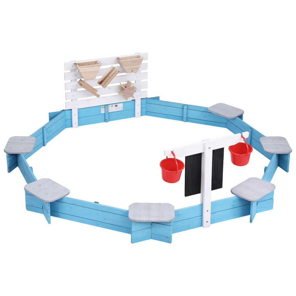 Keezi Kids Sandpit Wooden Round Sand Pit Funnel Bench Seat Beach Toys 215cm SAND-OCTA-FUNNEL