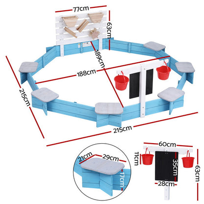 Keezi Kids Sandpit Wooden Round Sand Pit Funnel Bench Seat Beach Toys 215cm SAND-OCTA-FUNNEL