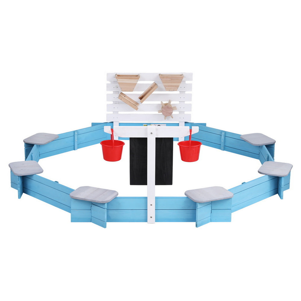 Keezi Kids Sandpit Wooden Round Sand Pit Funnel Bench Seat Beach Toys 215cm SAND-OCTA-FUNNEL