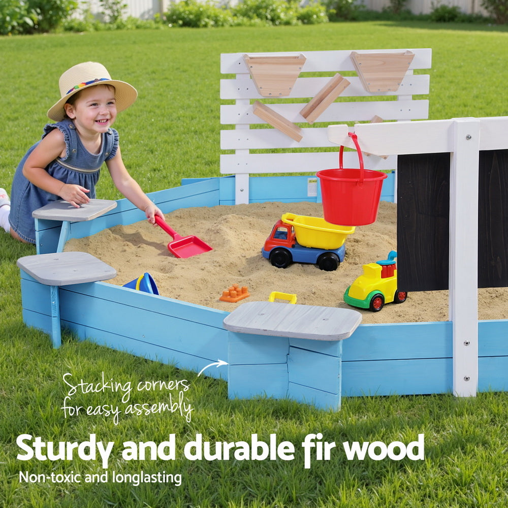Keezi Kids Sandpit Wooden Round Sand Pit Funnel Bench Seat Beach Toys 215cm SAND-OCTA-FUNNEL