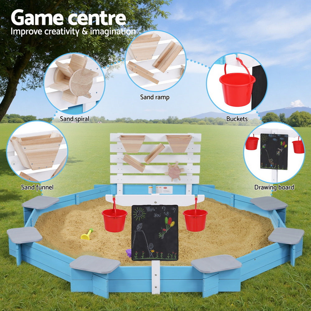 Keezi Kids Sandpit Wooden Round Sand Pit Funnel Bench Seat Beach Toys 215cm SAND-OCTA-FUNNEL